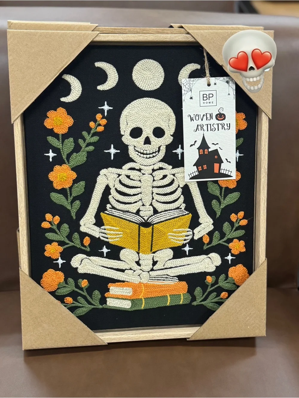 BP Home Woven Artistry Skeleton Reading Book Moon Phases Framed Wall Decor 12x14